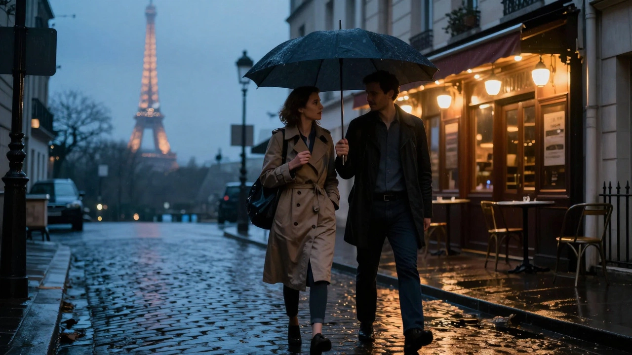 A couple walking under an umbrella in Montmartre on a rainy evening, jazz club light in background.
