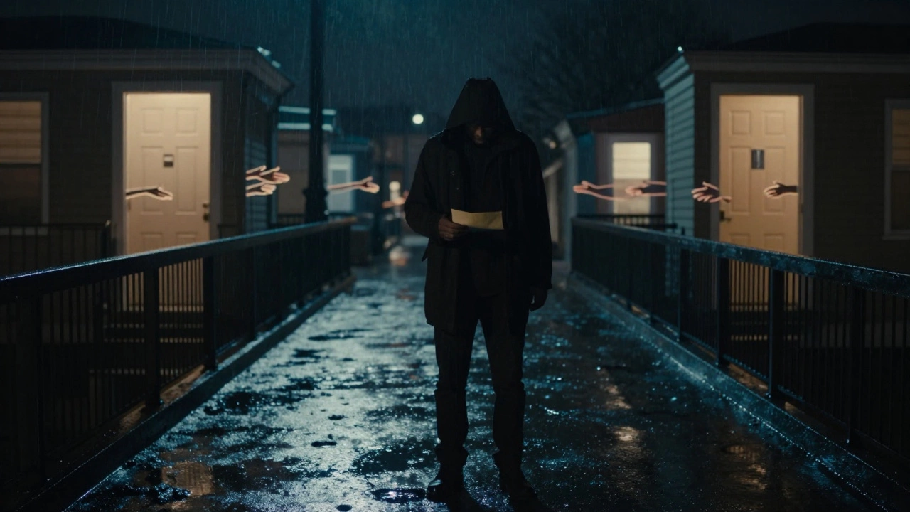 A solitary figure on a bridge at night, surrounded by faint symbols of support.