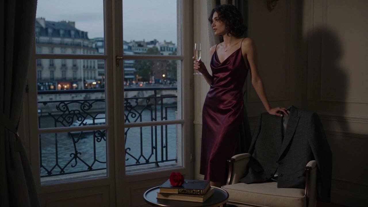 A woman standing by a window in a luxurious Paris apartment, city lights glowing outside.