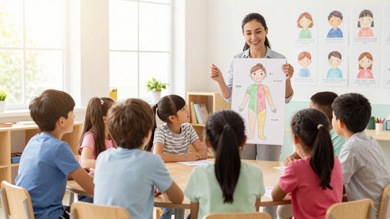 Children in a classroom learning about personal boundaries from a teacher.